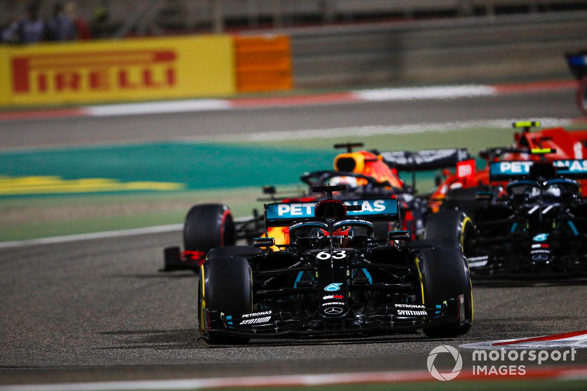 George Russell, Mercedes F1 W11, Valtteri Bottas, Mercedes F1 W11, Max Verstappen, Red Bull Racing RB16, and Charles Leclerc, Ferrari SF1000, at the start