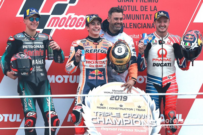Podium: 1. Marc Marquez, 2. Fabio Quartararo, 3. Jack Miller