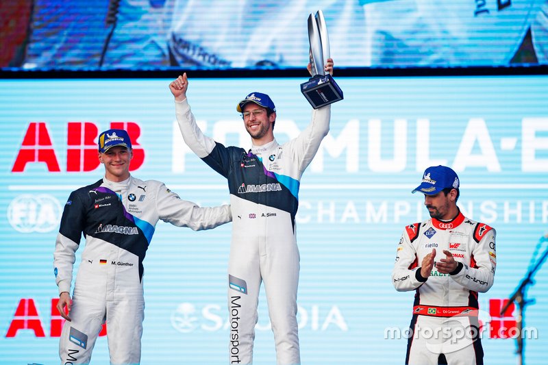 Podium: Race Winner Alexander Sims BMW I Andretti Motorsports, Second position Maximilian Günther, BMW I Andretti Motorsports, and Third position Lucas Di Grassi, Audi Sport ABT Schaeffler