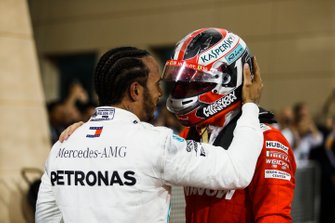 Lewis Hamilton, Mercedes AMG F1 and Charles Leclerc, Ferrari in parc ferme