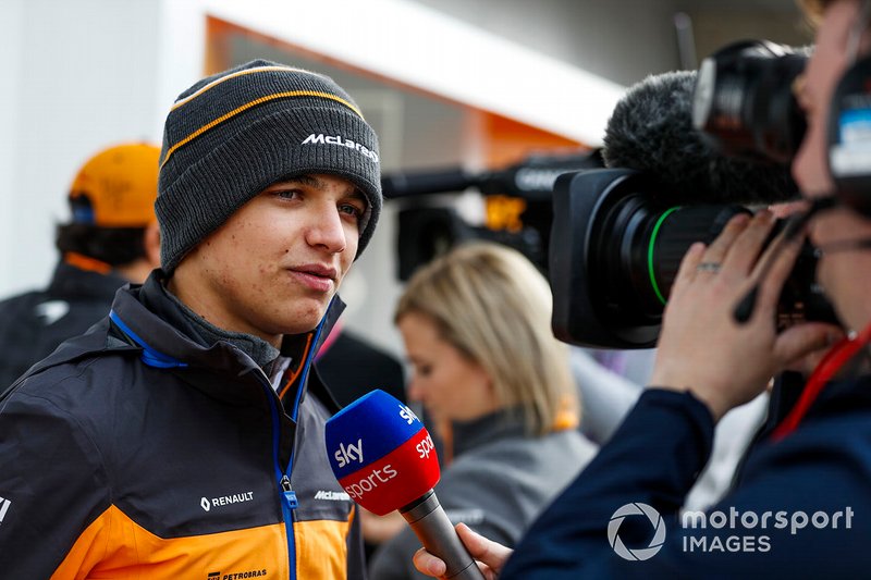 Lando Norris, McLaren speaks with the media
