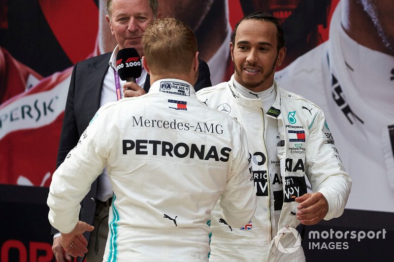 Valtteri Bottas, Mercedes AMG F1, 2nd position, and Lewis Hamilton, Mercedes AMG F1, 1st position, congratulate each other in Parc Ferme
