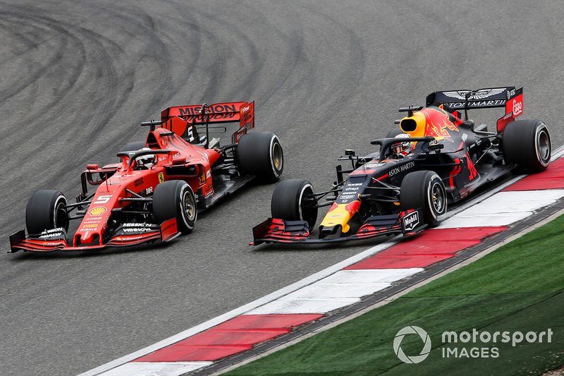 Sebastian Vettel, Ferrari SF90 and Max Verstappen, Red Bull Racing RB15 battle
