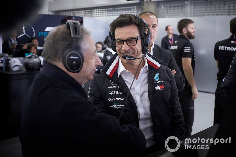 Jean Todt, President, FIA, and Toto Wolff, Executive Director (Business), Mercedes AMG, in the Mercedes garage