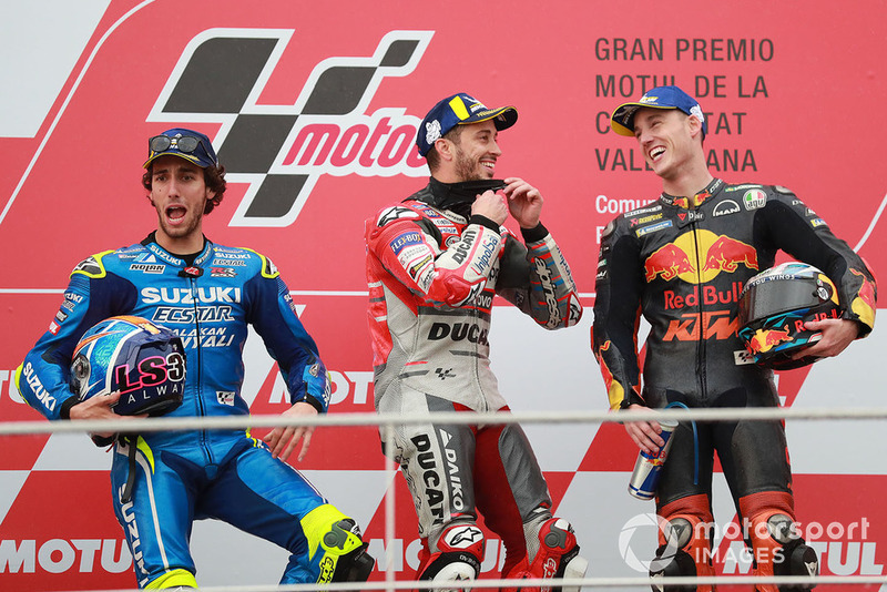 Podium: race winner Andrea Dovizioso, Ducati Team, second place Alex Rins, Team Suzuki MotoGP, third place Pol Espargaro, Red Bull KTM Factory Racing