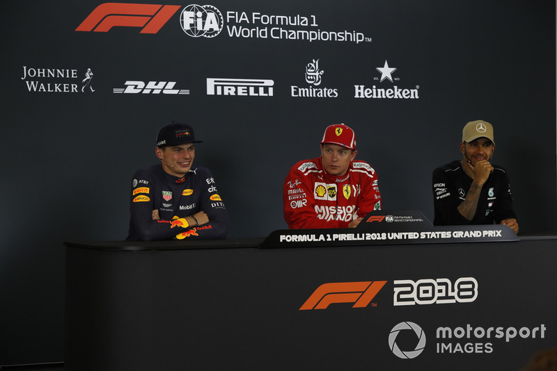 Max Verstappen, Red Bull Racing, Kimi Raikkonen, Ferrari ve Lewis Hamilton, Mercedes AMG F1, basın toplantısında