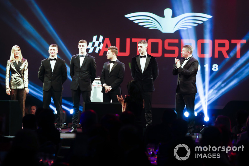 McLaren Autosport BRDC Award nominees Jamie Caroline, Tom Gamble, Max Fewtrell and Kiern Jewiss on stage with Nicki Shields and David Croft