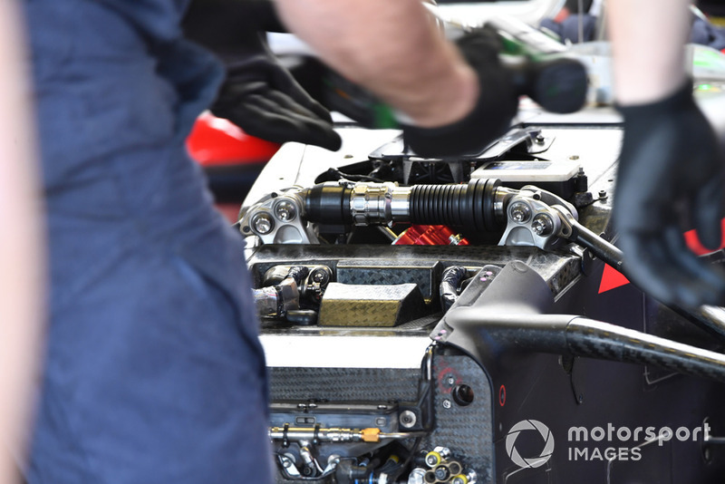 Red Bull Racing RB14 front suspension detail is worked on
