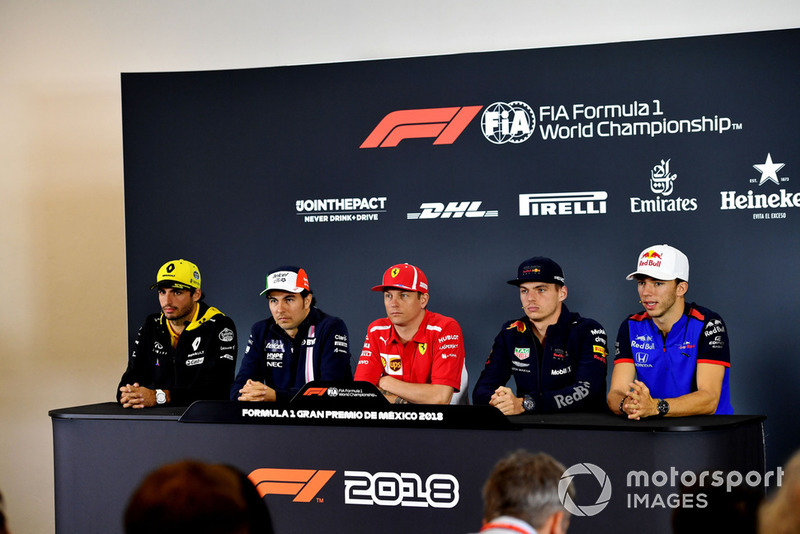 (L to R): Carlos Sainz Jr., Renault Sport F1 Team, Sergio Perez, Racing Point Force India F1 Team, Kimi Raikkonen, Ferrari, Max Verstappen, Red Bull Racing and Pierre Gasly, Scuderia Toro Rosso in Press Conference
