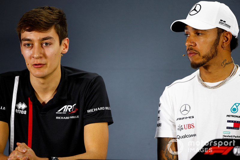 George Russell, Williams Racing, and Lewis Hamilton, Mercedes AMG F1, in the press conference