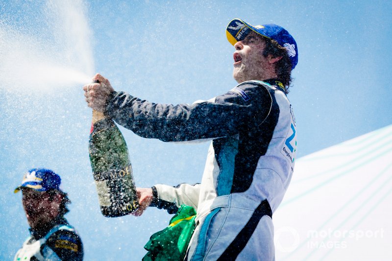 Race winner Sérgio Jimenez, Jaguar Brazil Racing celebrates with the champagne on the podium