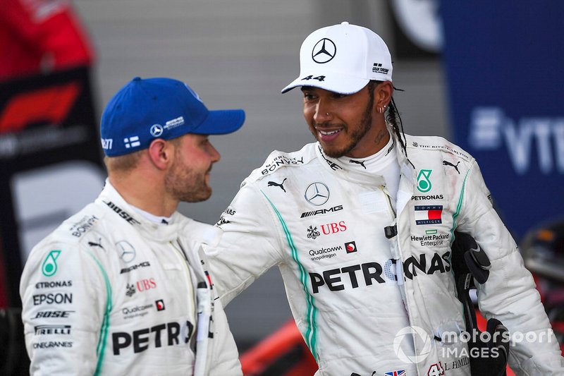 Valtteri Bottas, Mercedes AMG F1, 2nd position, and Lewis Hamilton, Mercedes AMG F1, 1st position, in Parc Ferme