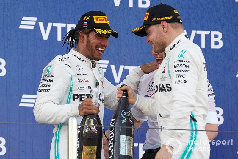Lewis Hamilton, Mercedes AMG F1, 1st position, and Valtteri Bottas, Mercedes AMG F1, 2nd position, on the podium