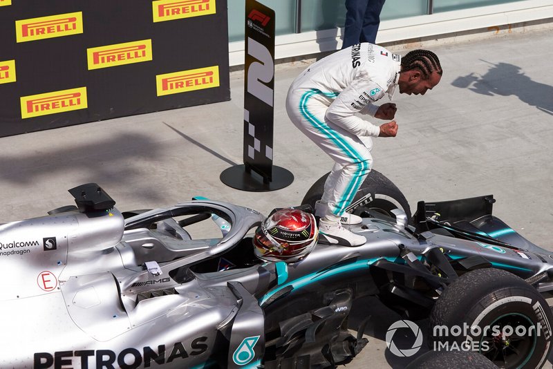 Lewis Hamilton, Mercedes AMG F1, 1st position, celebrates on arrival in Parc Ferme