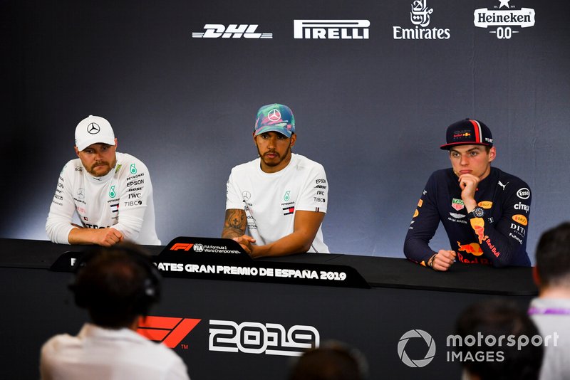 Valtteri Bottas, Mercedes AMG F1, 2nd position, Lewis Hamilton, Mercedes AMG F1, 1st position, and Max Verstappen, Red Bull Racing, 3rd position, in the Press Conference