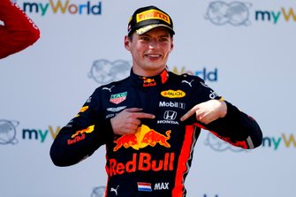 Max Verstappen, Red Bull Racing, 1st position, celebrates on the podium