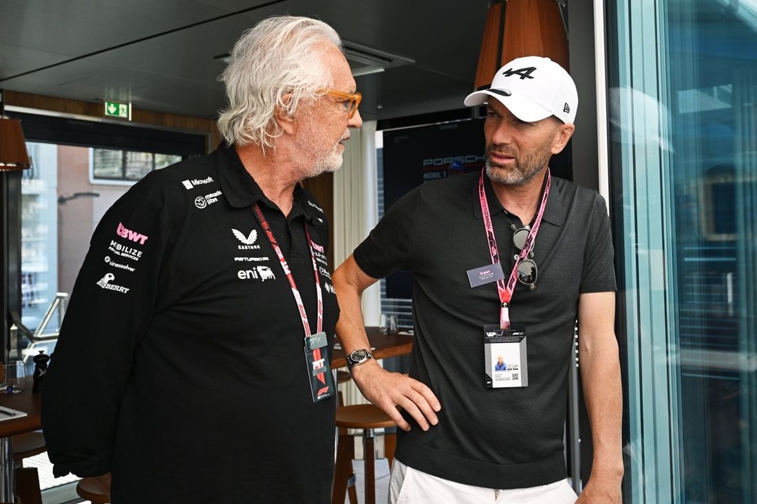 Flavio Briatore, Executive Advisor of Alpine F1 talks with Zinedine Zidane