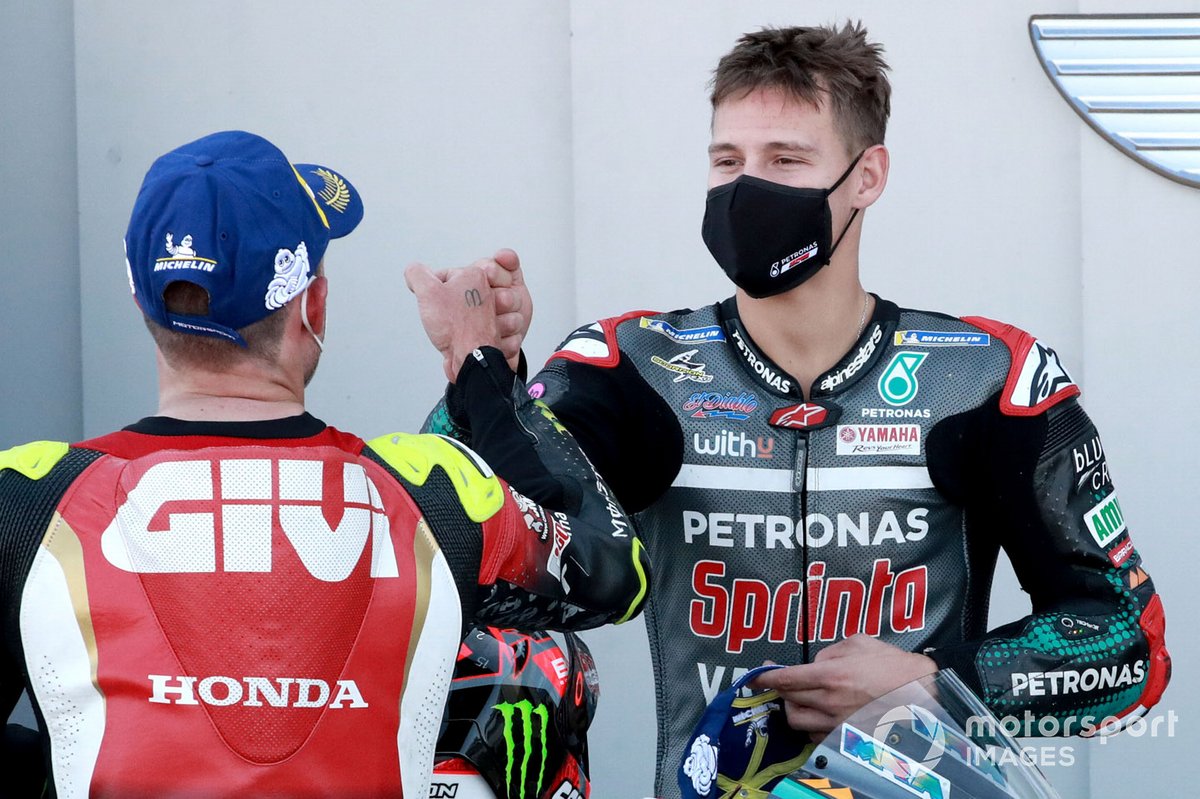 Tercer puesto Cal Crutchlow, Team LCR Honda, ganador de la pole Fabio Quartararo, Petronas Yamaha SRT