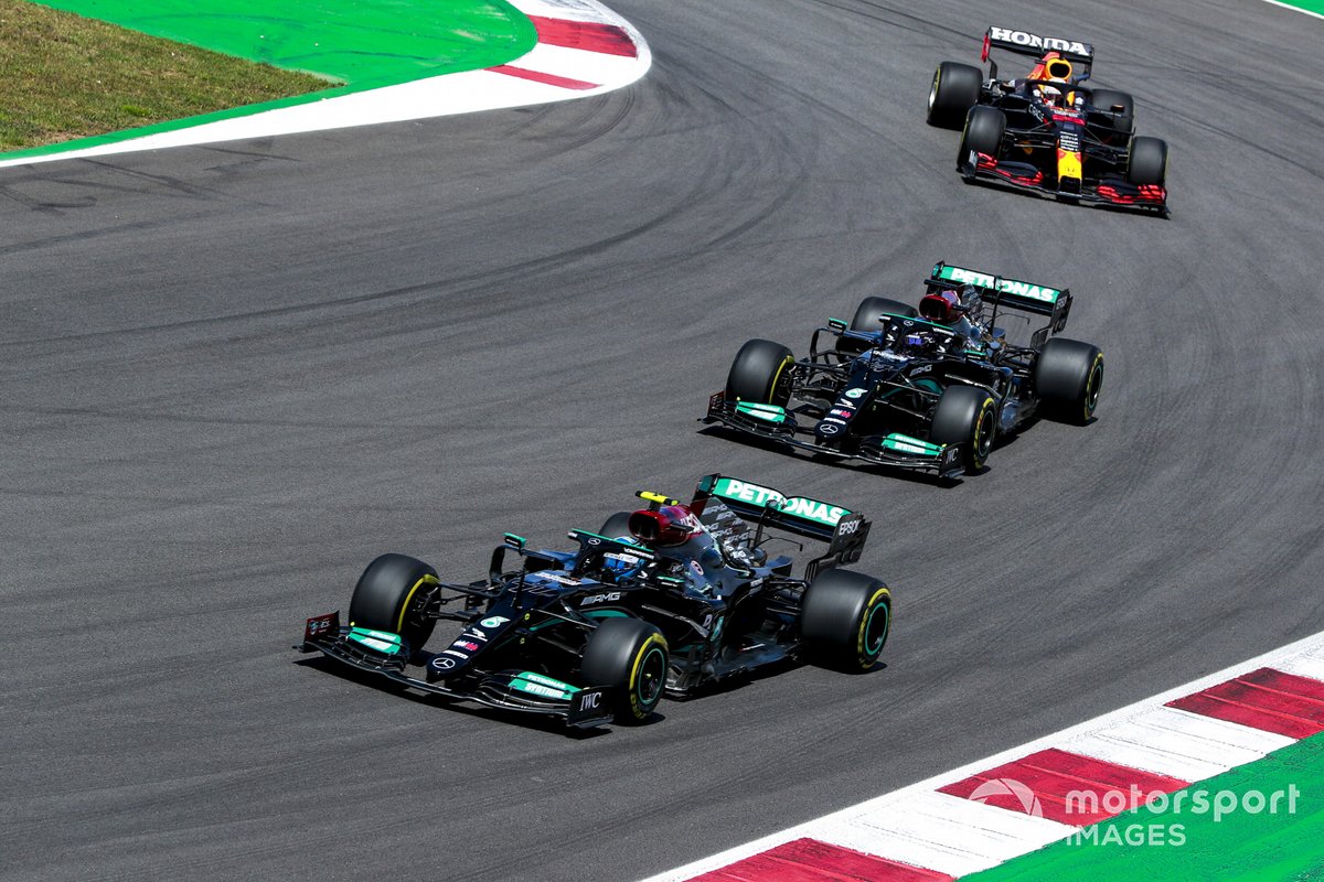 Valtteri Bottas, Mercedes W12, Lewis Hamilton, Mercedes W12, and Max Verstappen, Red Bull Racing RB16B