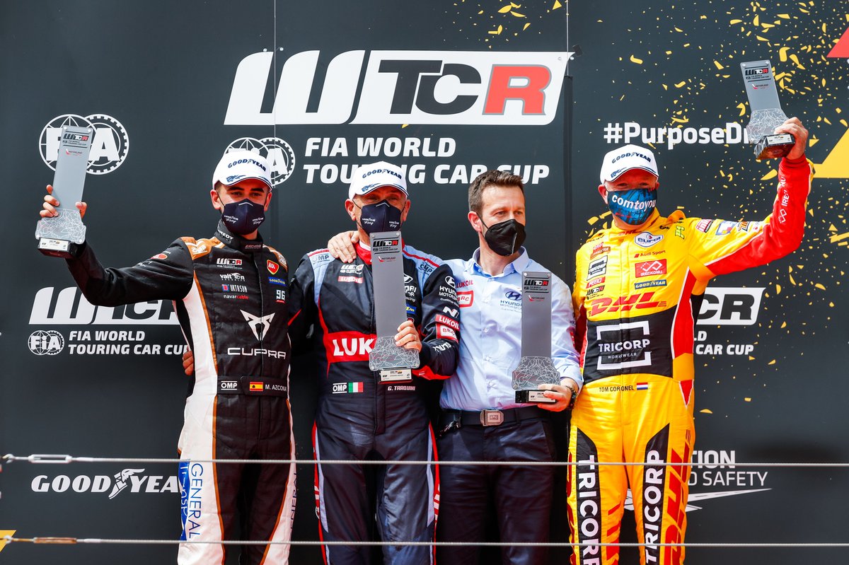 Gabriele Tarquini, BRC Hyundai N LUKOIL Squadra Corse Hyundai Elantra N TCR, second place Mikel Azcona, Zengo Motorsport CUPRA Leon Competición, third place Tom Coronel, Comtoyou DHL Team Audi Sport Audi RS 3 LMS