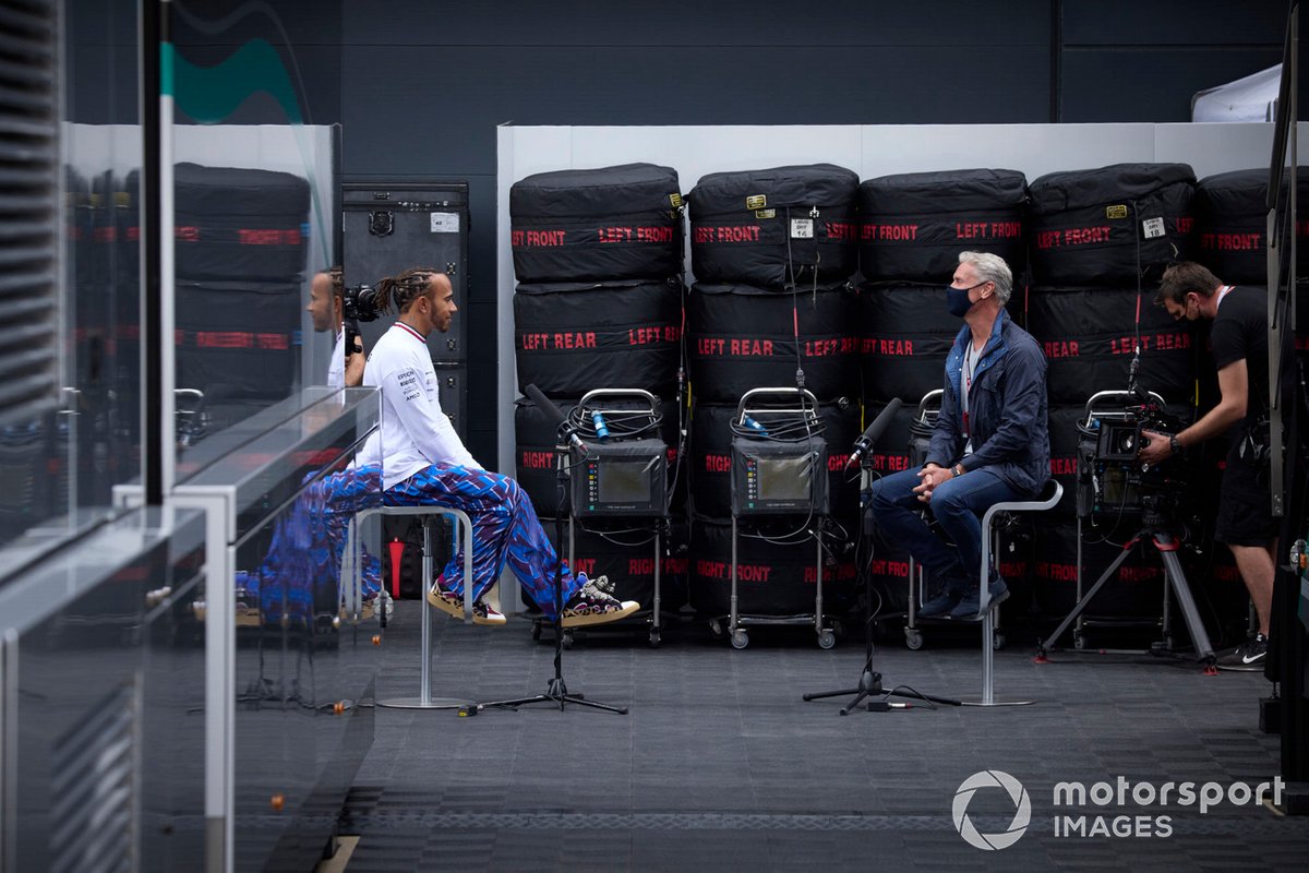 Lewis Hamilton, Mercedes speaks with David Coulthard, Channel 4 Presenter
