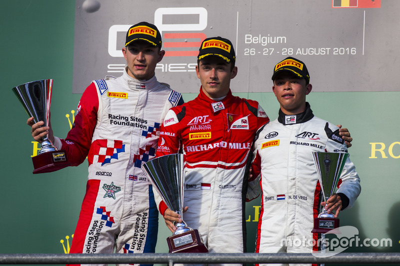Podium: winner Charles Leclerc, ART Grand Prix, second place Jake Dennis, Arden International, third