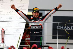 Sergio Perez, Sahara Force India F1 celebrates his third position on the podium