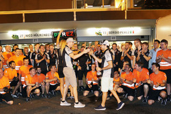 Sergio Perez, Sahara Force India F1 celebrates his third position with team mate Nico Hulkenberg, Sahara Force India F1 and the team