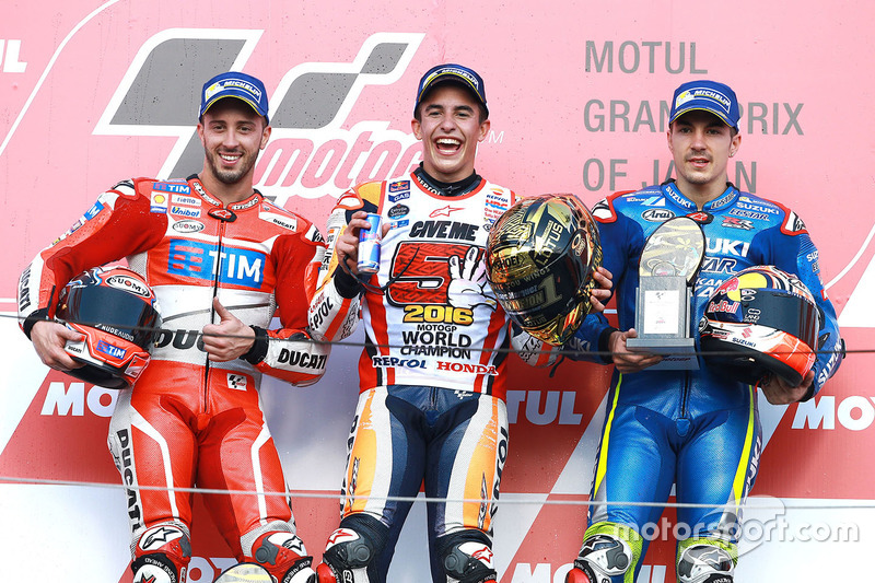 2016: 1. Marc Marquez, 2. Andrea Dovizioso, 3. Maverick Vinales