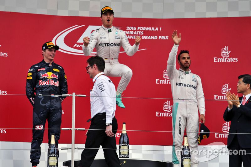 The podium (L to R): Max Verstappen, Red Bull Racing, second; Nico Rosberg, Mercedes AMG F1, race wi