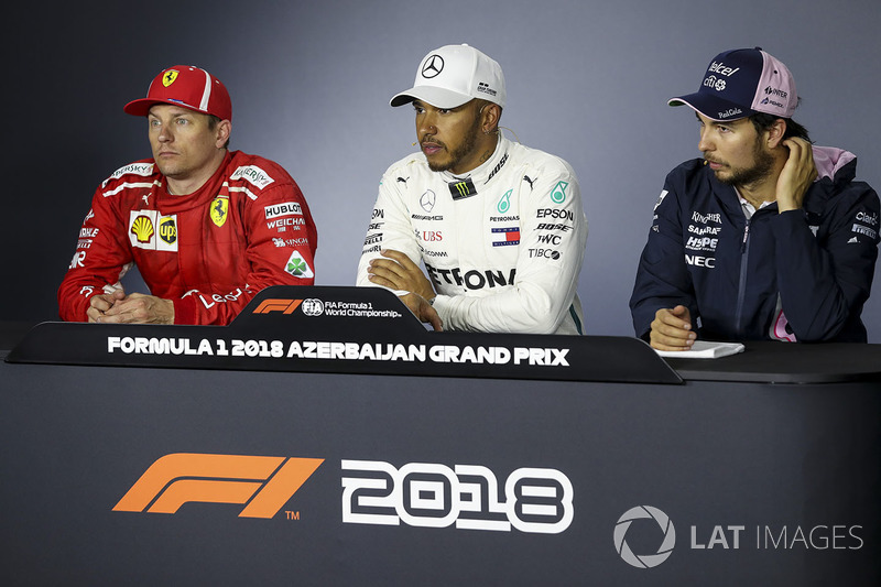 Kimi Raikkonen, Ferrari, Lewis Hamilton, Mercedes-AMG F1 and Sergio Perez, Force India in the Press Conference