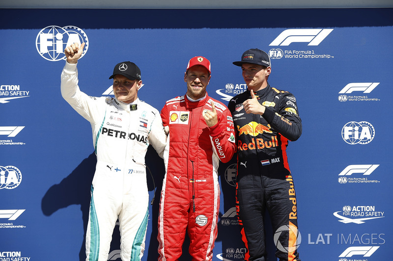 Valtteri Bottas, Mercedes-AMG F1, pole sitter Sebastian Vettel, Ferrari and Max Verstappen, Red Bull