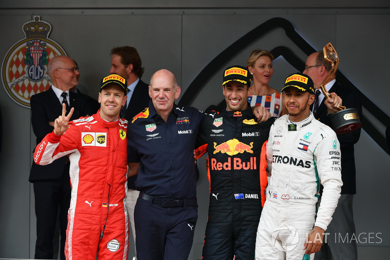 Second place Sebastian Vettel, Ferrari, Adrian Newey, Red Bull Racing, Race winner Daniel Ricciardo, Red Bull Racing, third place Lewis Hamilton, Mercedes-AMG F1 celebrate on the podium