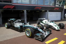 The Mercedes F1 W07 Hybrid of 2016 World Champion Nico Rosberg alongside the Williams FW08 driven by his father, 1982 World Champion Keke Rosberg
