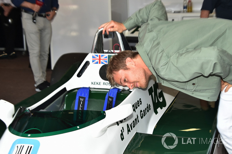 Nico Rosberg, looks into the cockpit of Williams FW08 of his Father Keke Rosberg