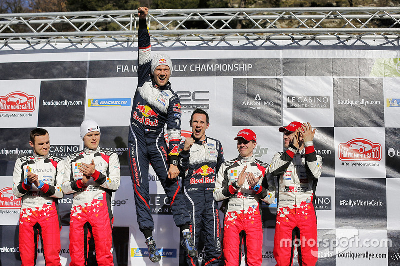 Podium: winners Sébastien Ogier, Julien Ingrassia, M-Sport Ford, second place Ott Tanak, Martin Järveoja, Toyota Gazoo Racing, third place, Jari-Matti Latvala, Miikka Anttila, Toyota Gazoo Racing