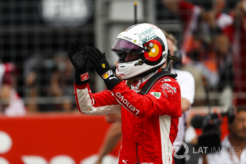 Sebastian Vettel, Ferrari, celebrates his pole position