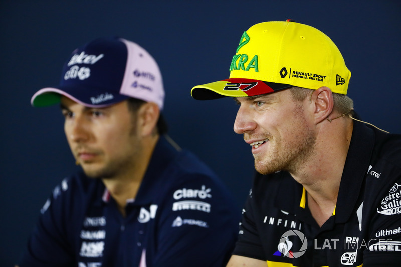 Sergio Perez, Force India, and Nico Hulkenberg, Renault Sport F1 Team, in the Press conference