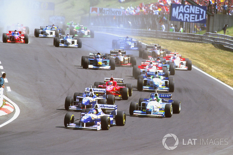 Jacques Villeneuve, Williams FW18; Damon Hill, Williams FW18; Jean Alesi, Benetton B196