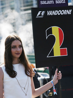 The Grid Girl for Stoffel Vandoorne, McLaren MCL32, on the grid