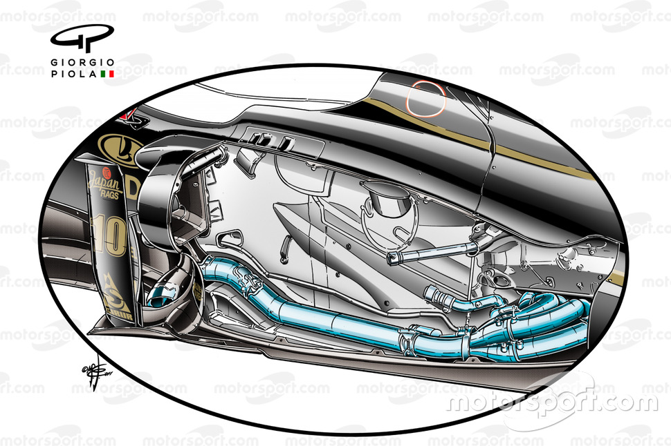 Lotus Renault R31 removed side pods, forward exhausts design