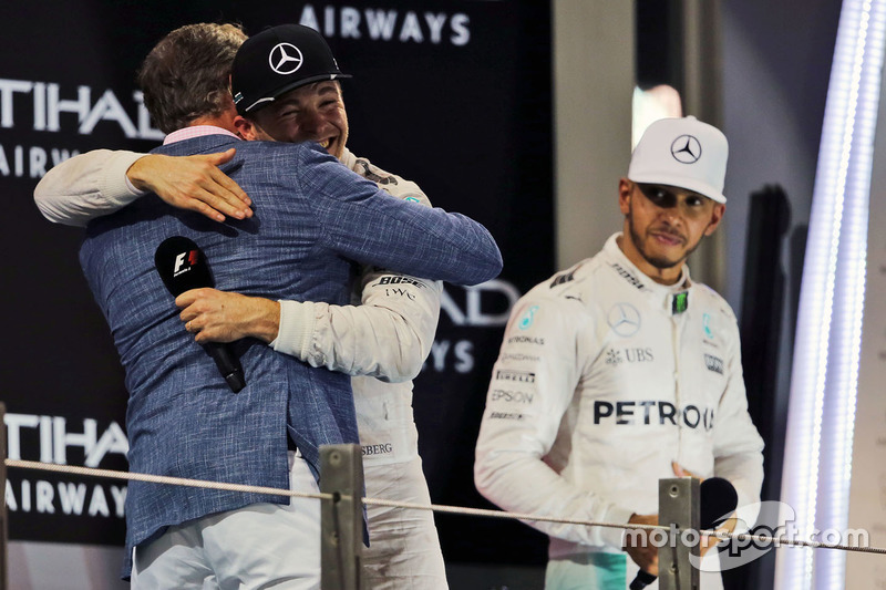 David Coulthard, Red Bull Racing and Scuderia Toro Advisor / Channel 4 F1 Commentator with World Champion Nico Rosberg, Mercedes AMG F1 and Lewis Hamilton, Mercedes AMG F1 on the podium