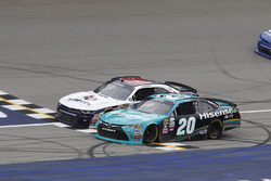 Denny Hamlin, Joe Gibbs Racing Toyota, William Byron, JR Motorsports Chevrolet, crosses the checkered flag