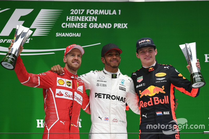 Podium: second place Sebastian Vettel, Ferrari, Race winner Lewis Hamilton, Mercedes AMG F1, third place Max Verstappen, Red Bull Racing