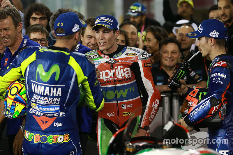 Race winner Maverick Viñales, Yamaha Factory Racing, third place Valentino Rossi, Yamaha Factory Racing,Aleix Espargaro, Aprilia Racing Team Gresini