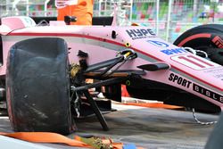 The crashed car of Sergio Perez, Sahara Force India VJM10 is recovered after FP1