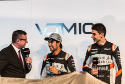 (L to R): David Croft, Sky Sports Commentator with Sergio Perez, Sahara Force India F1 and Esteban Ocon, Sahara Force India F1 Team