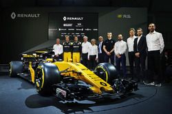 (L to R): Bob Bell, Renault Sport F1 Team Chief Technical Officer; Nico Hulkenberg, Renault Sport F1 Team; Jolyon Palmer, Renault Sport F1 Team; Jerome Stoll, Renault Sport F1 President; Alain Prost, Renault Sport F1 Team Third Driver; Thierry Koskas, Renault Executive Vice President of Sales and Marketing; Pepijn Richter, Microsoft Director of Product Marketing; Tommaso Volpe, Infiniti Global Director of Motorsport; Cyril Abiteboul, Renault Sport F1 Managing Director, and the Renault Sport F1 Team RS17