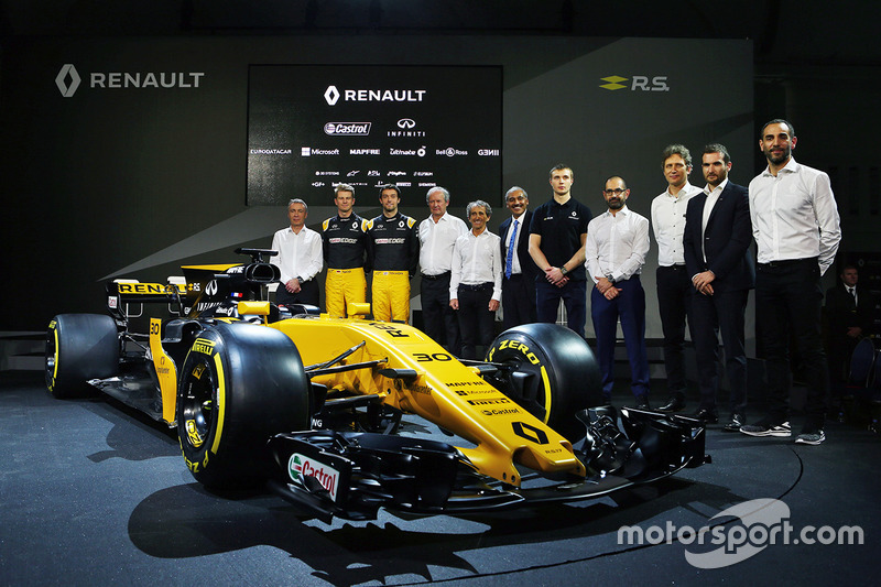 Bob Bell, Renault Sport F1 Team Chief Technical Officer; Nico Hulkenberg, Renault Sport F1 Team; Jolyon Palmer, Renault Sport F1 Team; Jerome Stoll, Renault Sport F1 President; Alain Prost, Renault Sport F1 Team Third Driver; Thierry Koskas, Renault Execut