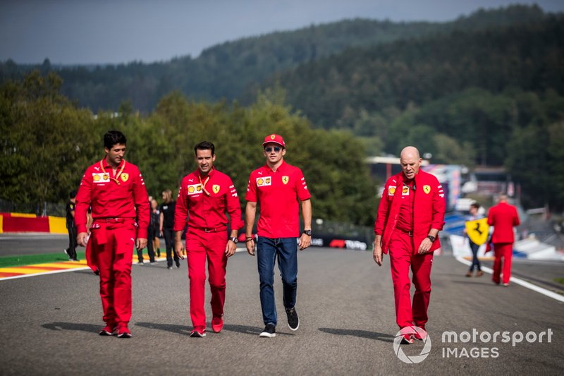 Charles Leclerc, Ferrari, walks the track with colleagues, including Jock Clear, Race Engineer, Ferrari.